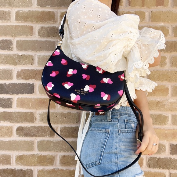 Kate Spade Staci Flutter Heart Half Moon Shoulder Bag Crossbody Black Pink - Picture 3 of 6